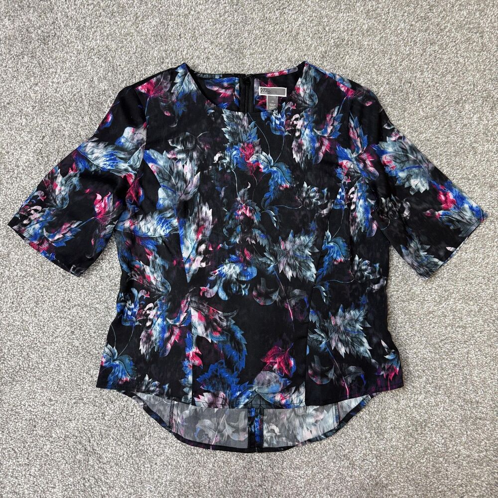 Chelsea28 Blouse Womens XS Multicolor Floral Short Sleeve Zip Back Top Dressy